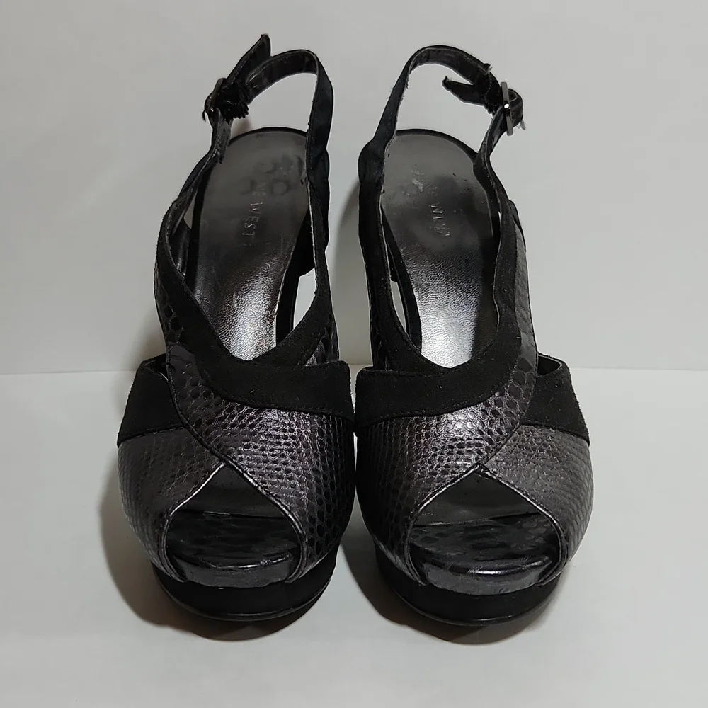 Nine West Women's Black Snakeskin Suede Slingback Peep Toe Cut-Out Heels Size 5